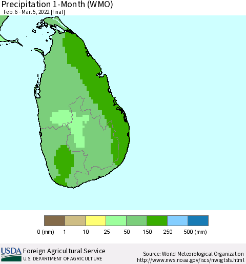 Sri Lanka Precipitation 1-Month (WMO) Thematic Map For 2/6/2022 - 3/5/2022