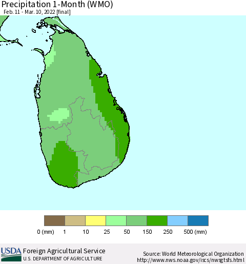 Sri Lanka Precipitation 1-Month (WMO) Thematic Map For 2/11/2022 - 3/10/2022