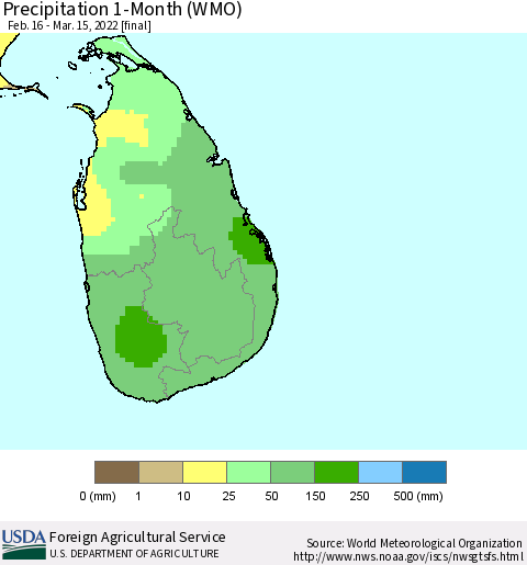 Sri Lanka Precipitation 1-Month (WMO) Thematic Map For 2/16/2022 - 3/15/2022