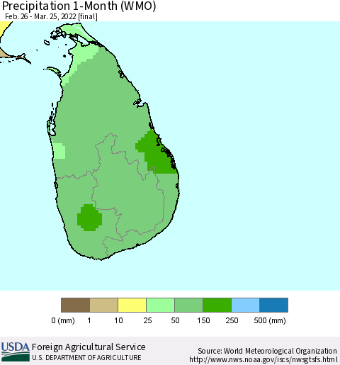 Sri Lanka Precipitation 1-Month (WMO) Thematic Map For 2/26/2022 - 3/25/2022