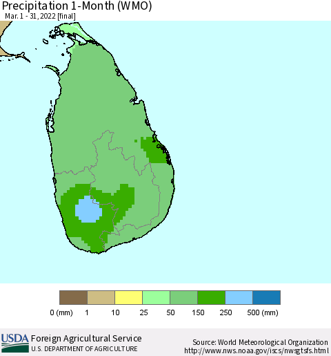 Sri Lanka Precipitation 1-Month (WMO) Thematic Map For 3/1/2022 - 3/31/2022