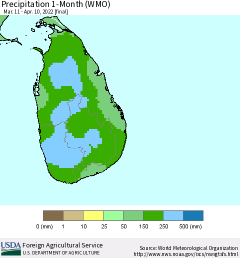 Sri Lanka Precipitation 1-Month (WMO) Thematic Map For 3/11/2022 - 4/10/2022