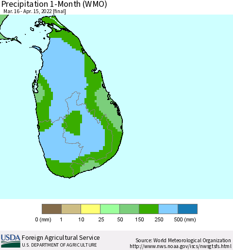 Sri Lanka Precipitation 1-Month (WMO) Thematic Map For 3/16/2022 - 4/15/2022