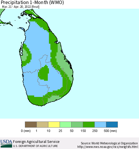 Sri Lanka Precipitation 1-Month (WMO) Thematic Map For 3/21/2022 - 4/20/2022