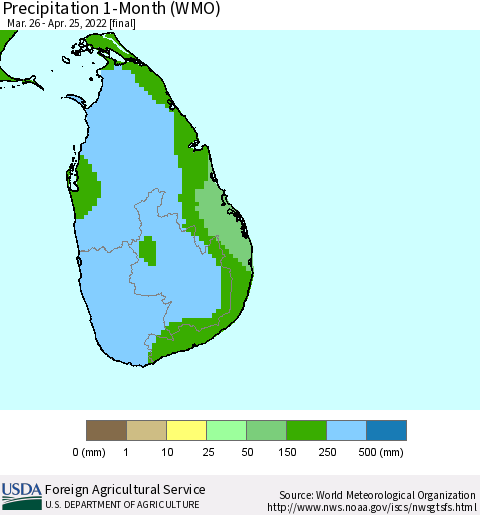 Sri Lanka Precipitation 1-Month (WMO) Thematic Map For 3/26/2022 - 4/25/2022