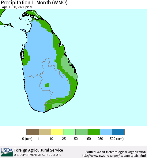 Sri Lanka Precipitation 1-Month (WMO) Thematic Map For 4/1/2022 - 4/30/2022