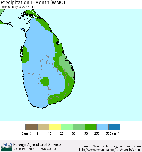 Sri Lanka Precipitation 1-Month (WMO) Thematic Map For 4/6/2022 - 5/5/2022