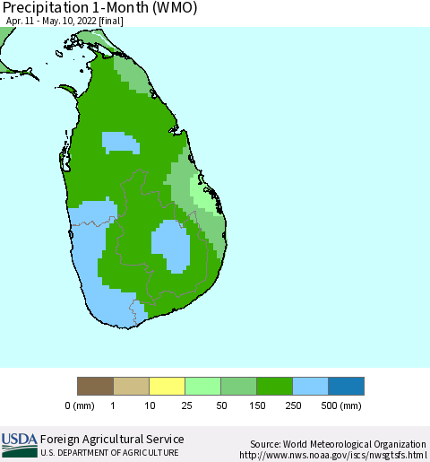 Sri Lanka Precipitation 1-Month (WMO) Thematic Map For 4/11/2022 - 5/10/2022