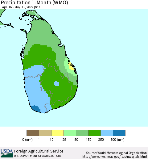 Sri Lanka Precipitation 1-Month (WMO) Thematic Map For 4/16/2022 - 5/15/2022