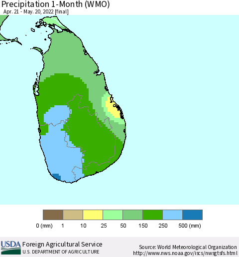 Sri Lanka Precipitation 1-Month (WMO) Thematic Map For 4/21/2022 - 5/20/2022