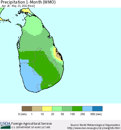 Sri Lanka Precipitation 1-Month (WMO) Thematic Map For 4/26/2022 - 5/25/2022