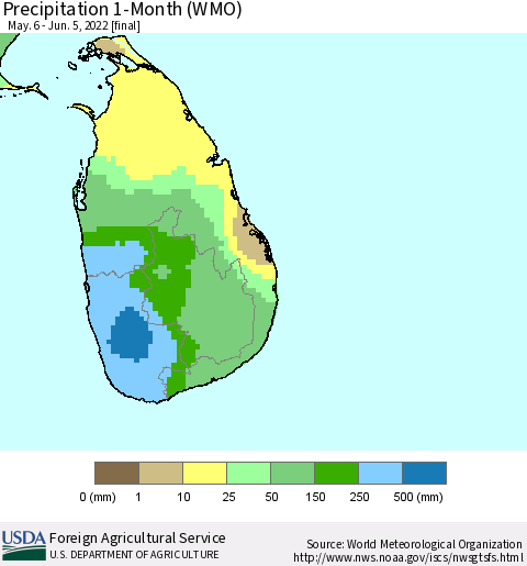 Sri Lanka Precipitation 1-Month (WMO) Thematic Map For 5/6/2022 - 6/5/2022