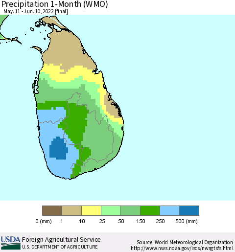 Sri Lanka Precipitation 1-Month (WMO) Thematic Map For 5/11/2022 - 6/10/2022