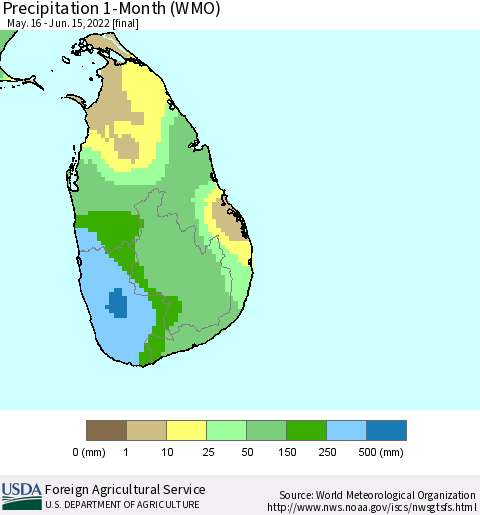 Sri Lanka Precipitation 1-Month (WMO) Thematic Map For 5/16/2022 - 6/15/2022