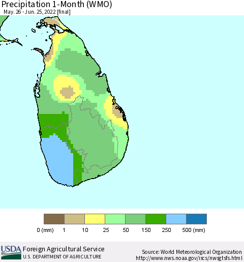 Sri Lanka Precipitation 1-Month (WMO) Thematic Map For 5/26/2022 - 6/25/2022