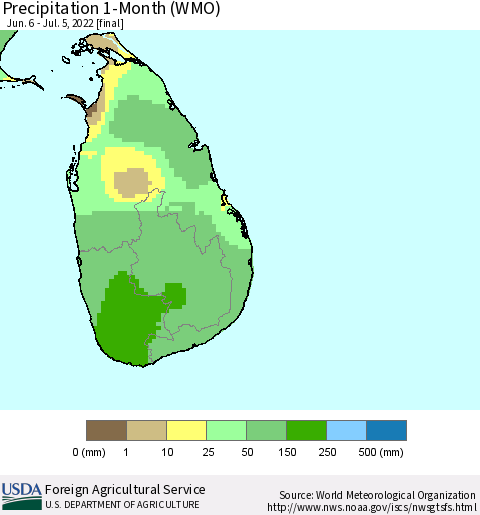 Sri Lanka Precipitation 1-Month (WMO) Thematic Map For 6/6/2022 - 7/5/2022