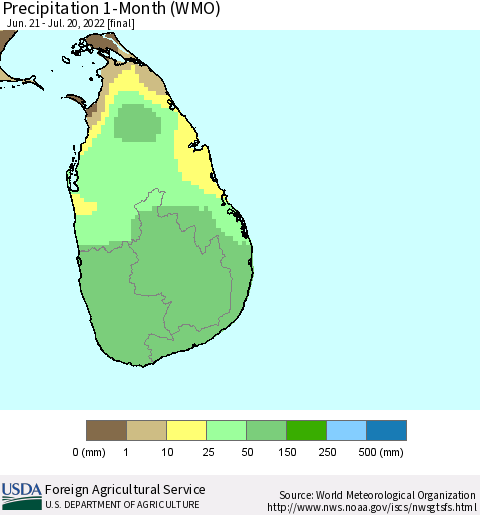 Sri Lanka Precipitation 1-Month (WMO) Thematic Map For 6/21/2022 - 7/20/2022