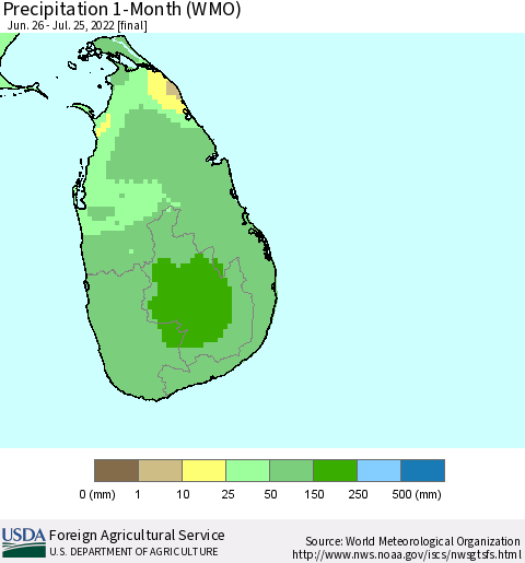 Sri Lanka Precipitation 1-Month (WMO) Thematic Map For 6/26/2022 - 7/25/2022
