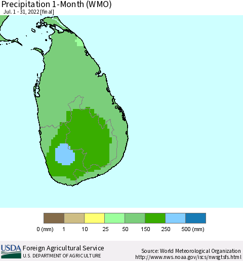 Sri Lanka Precipitation 1-Month (WMO) Thematic Map For 7/1/2022 - 7/31/2022