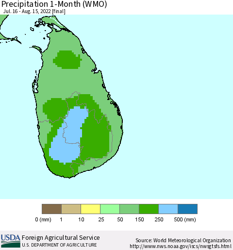 Sri Lanka Precipitation 1-Month (WMO) Thematic Map For 7/16/2022 - 8/15/2022