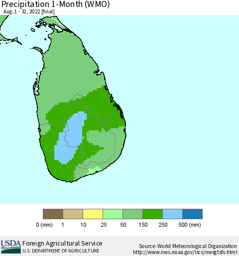 Sri Lanka Precipitation 1-Month (WMO) Thematic Map For 8/1/2022 - 8/31/2022