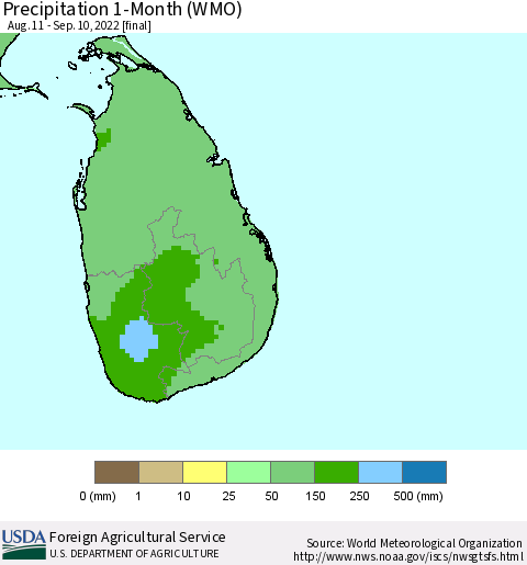 Sri Lanka Precipitation 1-Month (WMO) Thematic Map For 8/11/2022 - 9/10/2022