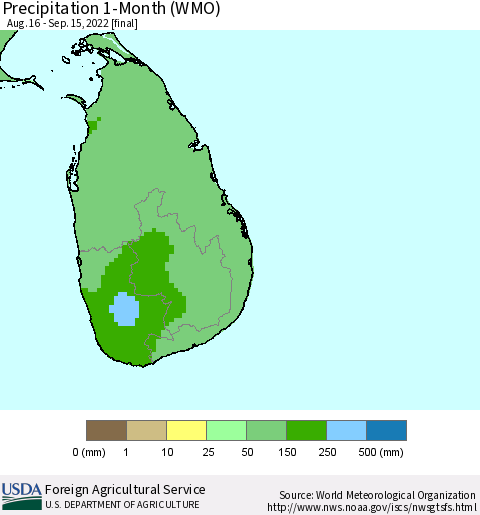Sri Lanka Precipitation 1-Month (WMO) Thematic Map For 8/16/2022 - 9/15/2022
