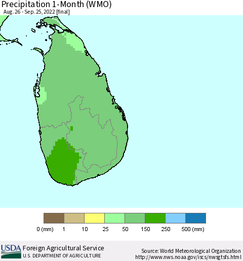 Sri Lanka Precipitation 1-Month (WMO) Thematic Map For 8/26/2022 - 9/25/2022