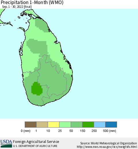 Sri Lanka Precipitation 1-Month (WMO) Thematic Map For 9/1/2022 - 9/30/2022