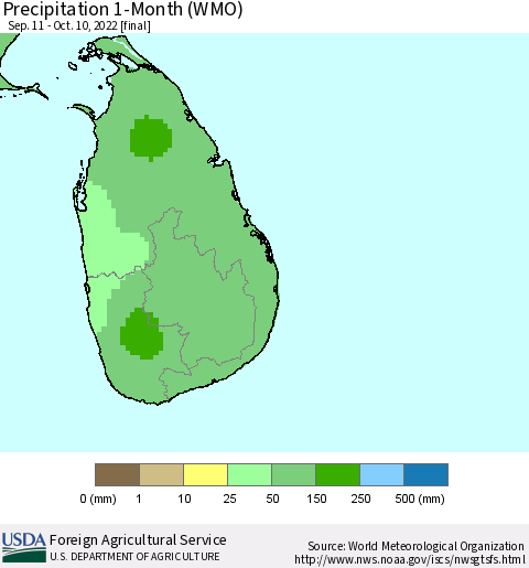 Sri Lanka Precipitation 1-Month (WMO) Thematic Map For 9/11/2022 - 10/10/2022