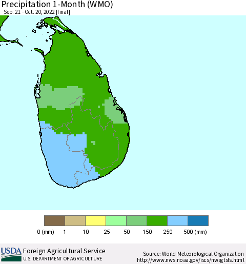 Sri Lanka Precipitation 1-Month (WMO) Thematic Map For 9/21/2022 - 10/20/2022