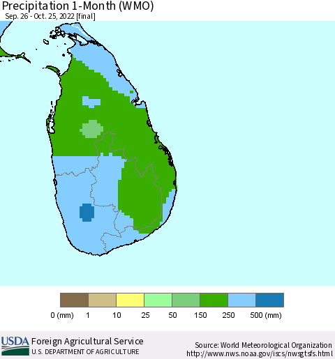 Sri Lanka Precipitation 1-Month (WMO) Thematic Map For 9/26/2022 - 10/25/2022