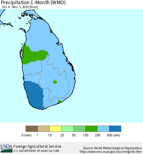Sri Lanka Precipitation 1-Month (WMO) Thematic Map For 10/6/2022 - 11/5/2022