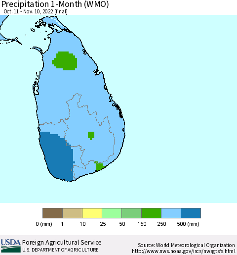 Sri Lanka Precipitation 1-Month (WMO) Thematic Map For 10/11/2022 - 11/10/2022