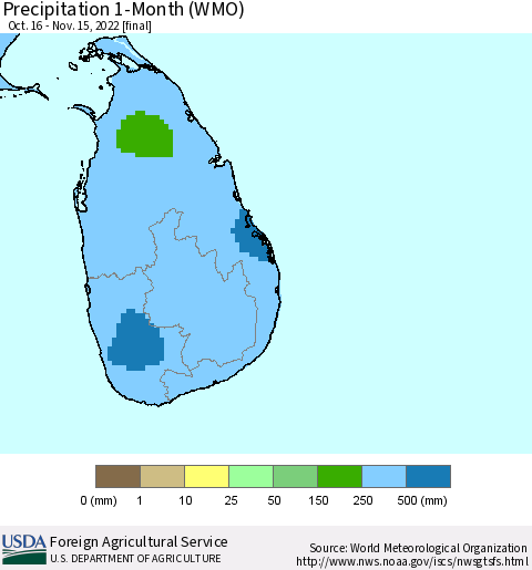 Sri Lanka Precipitation 1-Month (WMO) Thematic Map For 10/16/2022 - 11/15/2022