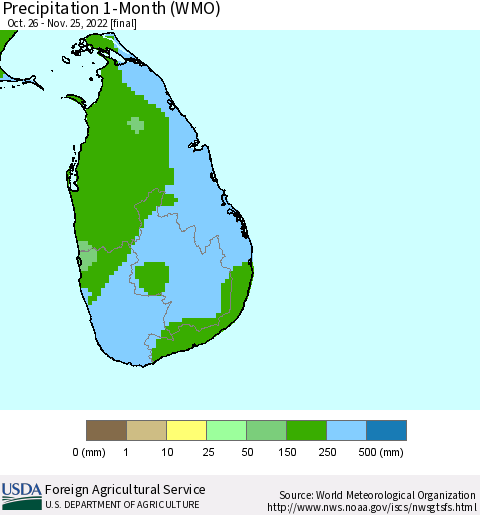 Sri Lanka Precipitation 1-Month (WMO) Thematic Map For 10/26/2022 - 11/25/2022