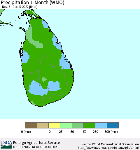 Sri Lanka Precipitation 1-Month (WMO) Thematic Map For 11/6/2022 - 12/5/2022