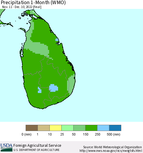 Sri Lanka Precipitation 1-Month (WMO) Thematic Map For 11/11/2022 - 12/10/2022