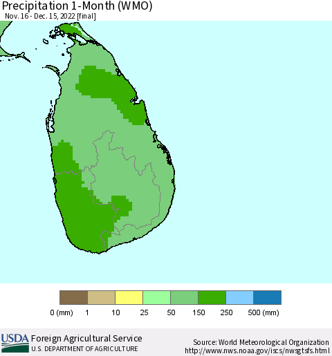 Sri Lanka Precipitation 1-Month (WMO) Thematic Map For 11/16/2022 - 12/15/2022