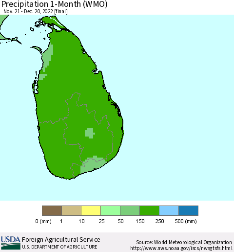 Sri Lanka Precipitation 1-Month (WMO) Thematic Map For 11/21/2022 - 12/20/2022