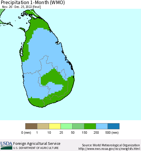 Sri Lanka Precipitation 1-Month (WMO) Thematic Map For 11/26/2022 - 12/25/2022