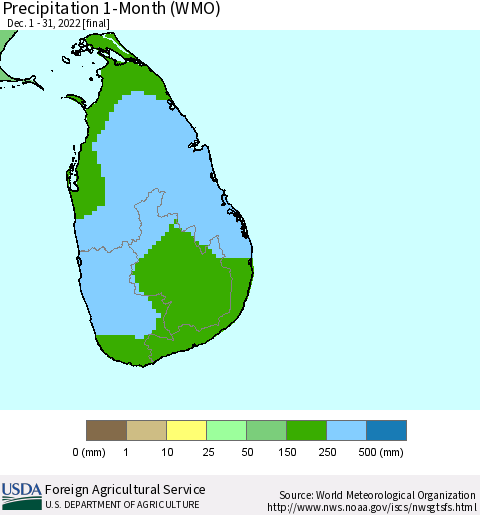 Sri Lanka Precipitation 1-Month (WMO) Thematic Map For 12/1/2022 - 12/31/2022