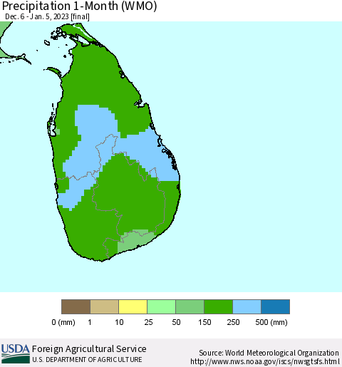 Sri Lanka Precipitation 1-Month (WMO) Thematic Map For 12/6/2022 - 1/5/2023