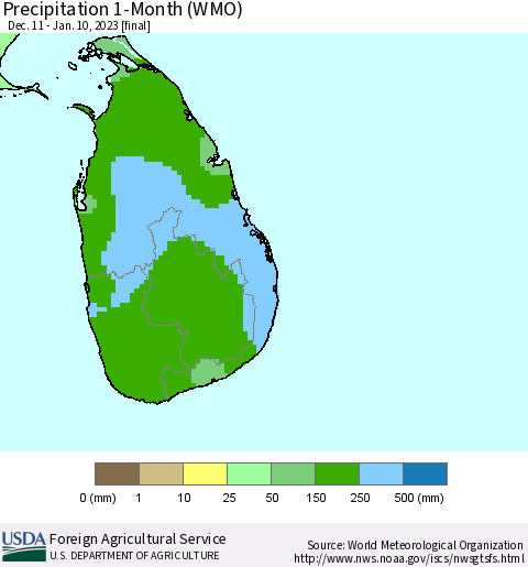 Sri Lanka Precipitation 1-Month (WMO) Thematic Map For 12/11/2022 - 1/10/2023