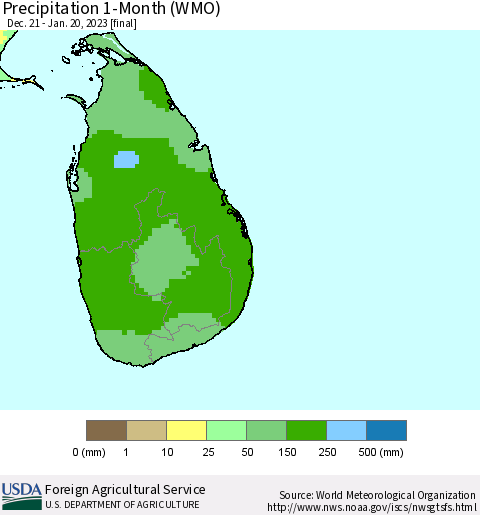 Sri Lanka Precipitation 1-Month (WMO) Thematic Map For 12/21/2022 - 1/20/2023