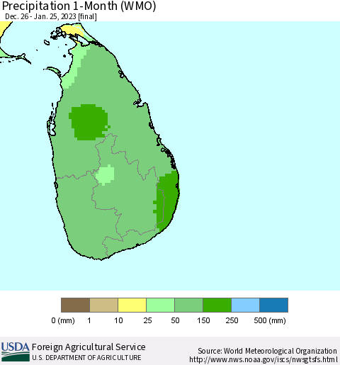 Sri Lanka Precipitation 1-Month (WMO) Thematic Map For 12/26/2022 - 1/25/2023