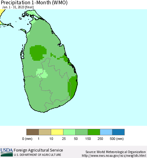 Sri Lanka Precipitation 1-Month (WMO) Thematic Map For 1/1/2023 - 1/31/2023