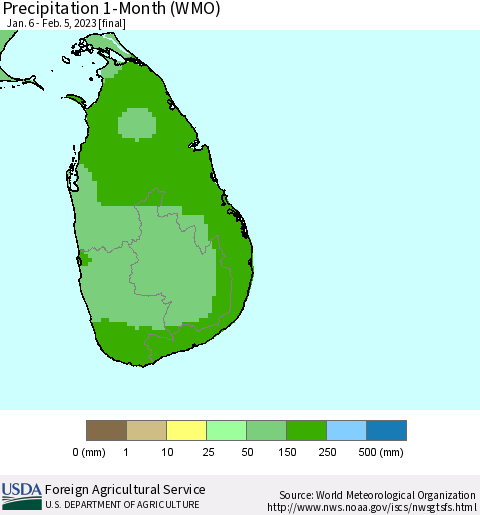 Sri Lanka Precipitation 1-Month (WMO) Thematic Map For 1/6/2023 - 2/5/2023