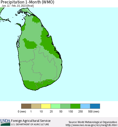 Sri Lanka Precipitation 1-Month (WMO) Thematic Map For 1/11/2023 - 2/10/2023