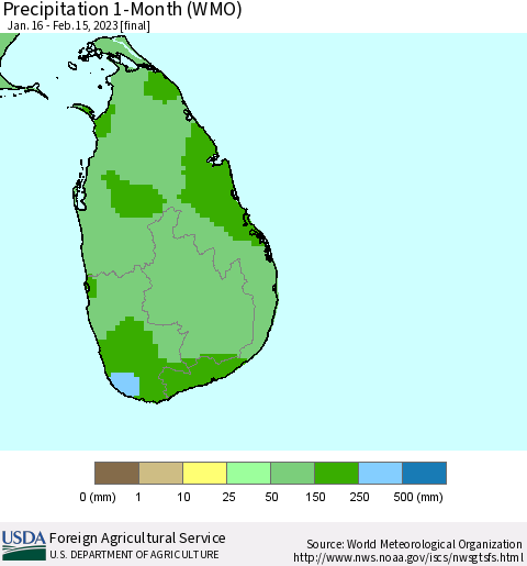 Sri Lanka Precipitation 1-Month (WMO) Thematic Map For 1/16/2023 - 2/15/2023